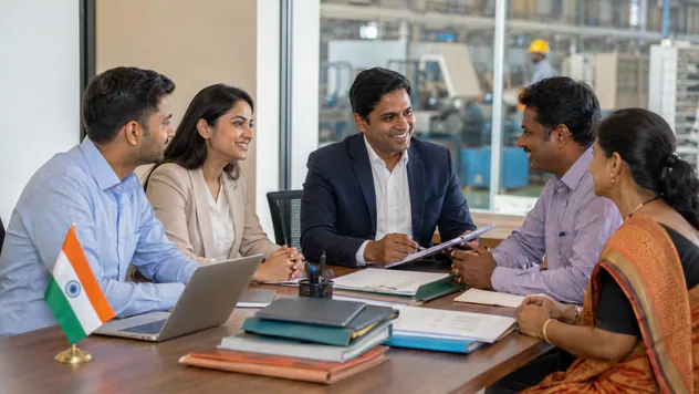 Entrepreneurs and advisers in a meeting with an Indian flag, discussing government scheme applications