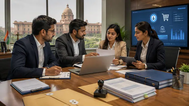Business advisers and MSME owners reviewing documents at a table with a government building in the background