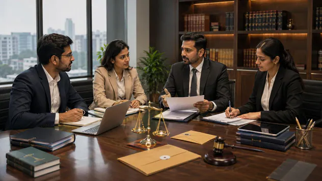 Advisers and business owners reviewing legal documents and invoices at a conference table