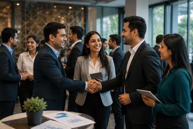 Business owners and bankers shaking hands in an office meeting