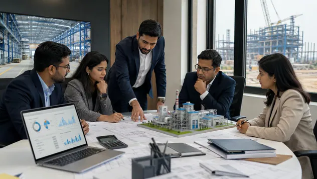 Team reviewing a project plan and a scale model of a factory on a table