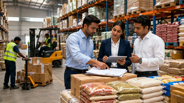 Business owners and staff checking stock with tablets and documents in a warehouse