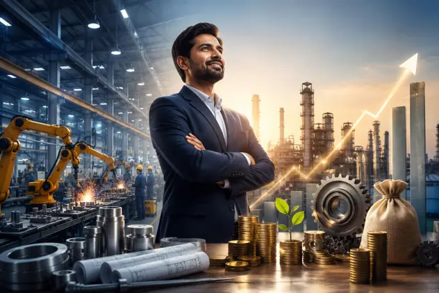 Manufacturing business owner in front of a factory floor with machinery, coins and a rising growth chart