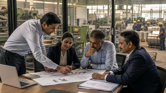 Advisers and a factory owner reviewing financial documents together on a manufacturing shop floor