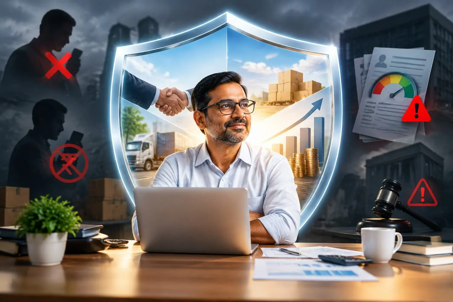 MSME business owner reviewing buyer verification and payment recovery reports with a GRO-MSME advisor