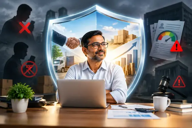 Business owner at a desk inside a protective shield, with warning signs about payment defaulters around him