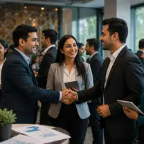 Business owners and bankers shaking hands in an office meeting