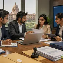 Business advisers and MSME owners reviewing documents at a table with a government building in the background