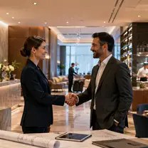 Hotel manager greeting a guest at the reception of a restaurant and hotel