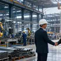 Managers shaking hands on a factory floor with steel stock and robotic machinery in the background