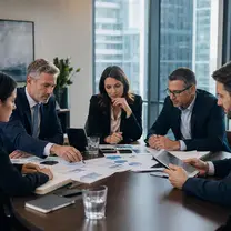 Business team reviewing financial documents and charts around a table