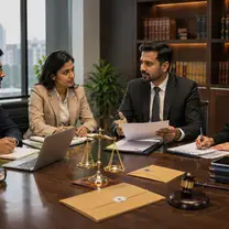 Advisers and business owners reviewing legal documents and invoices at a conference table