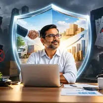Business owner at a desk inside a protective shield, with warning signs about payment defaulters around him