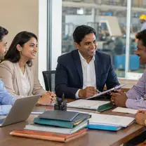 Entrepreneurs and advisers in a meeting with an Indian flag, discussing government scheme applications