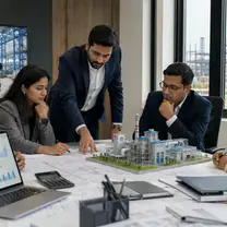 Team reviewing a project plan and a scale model of a factory on a table