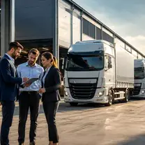 Transport business owners reviewing papers beside a line of trucks at a logistics yard
