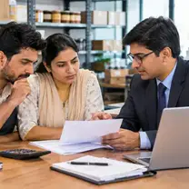Shop owners reviewing finance papers with an adviser in a store stocked with goods