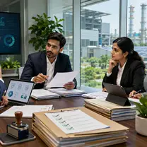 Team reviewing compliance files at a table with an industrial plant visible through the window
